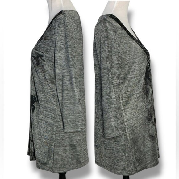 Covington Top Beaded Reflective Tunic Lace Floral 3/4 Sleeve Long Blouse Gray XL - Picture 10 of 16
